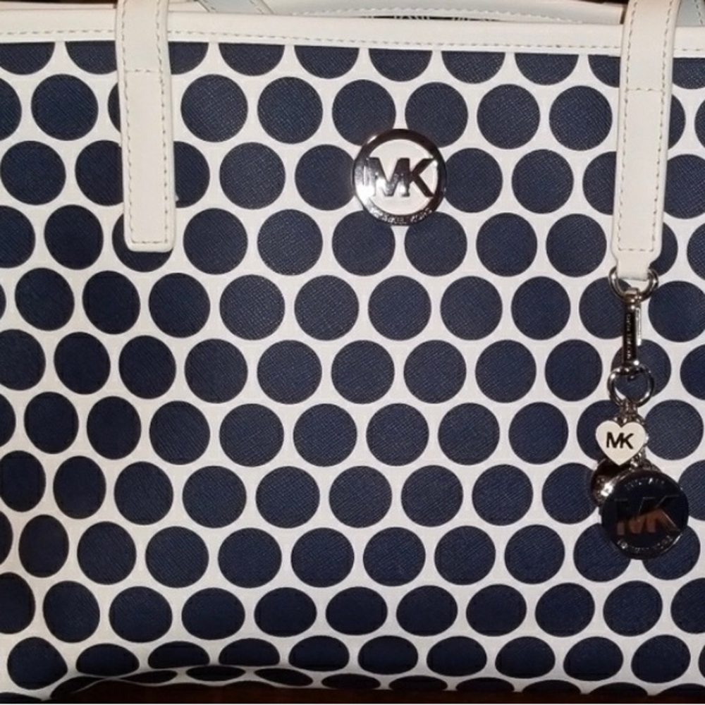 Michael Kors Polka Dot Tote Bag Purse Hand Bag White Navy Silver